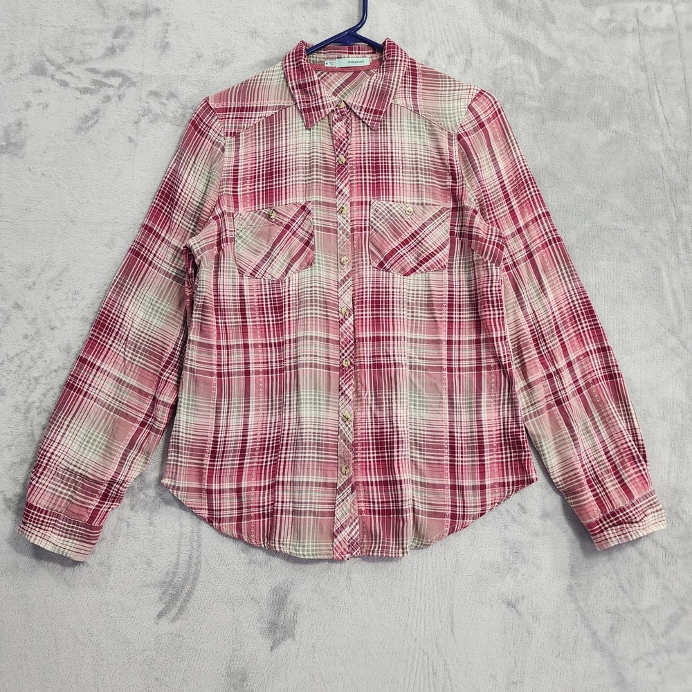 Maurices Shirt Womens M Pink Plaid Flannel Button Front Long Sleeve Casual